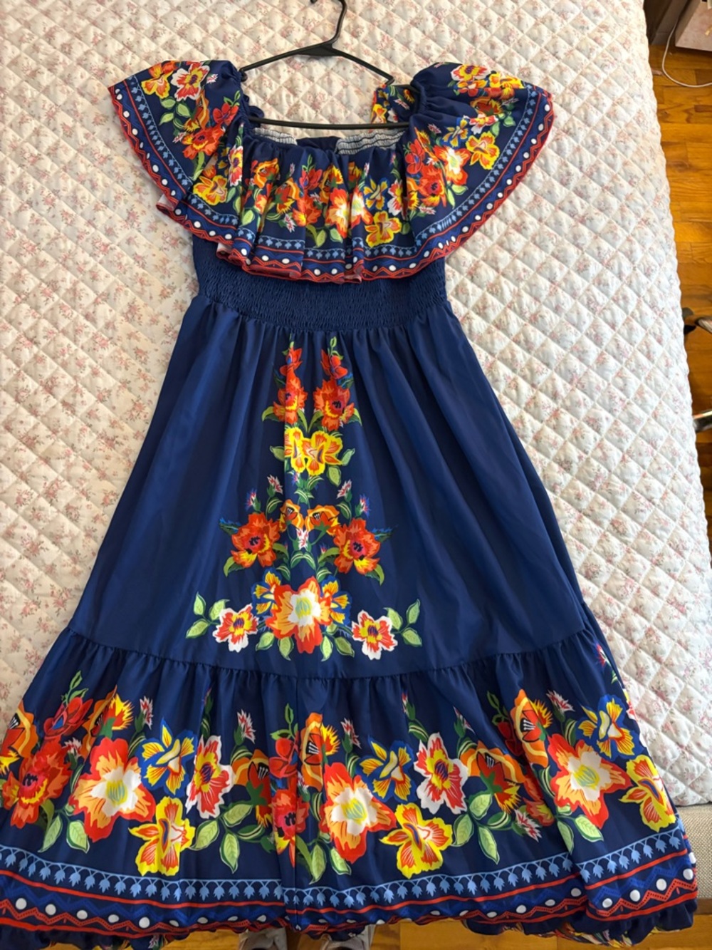 SHEIN Navy Floral Off-Shoulder Sundress with Multicolor Embroidery